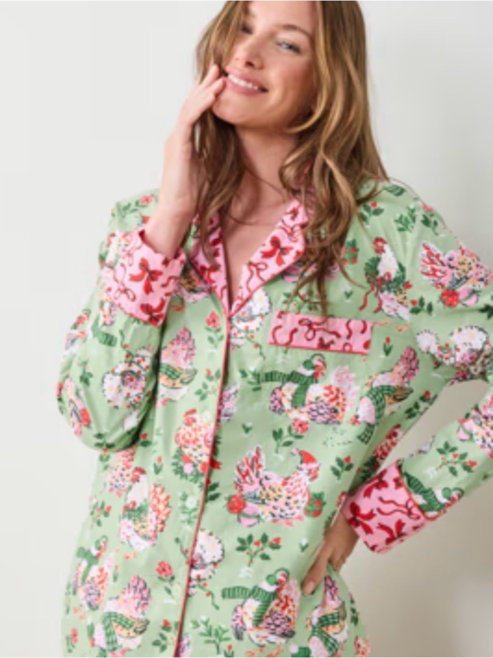 Printfresh Holiday Hens Long Cotton PJ Set, Size Small Tall